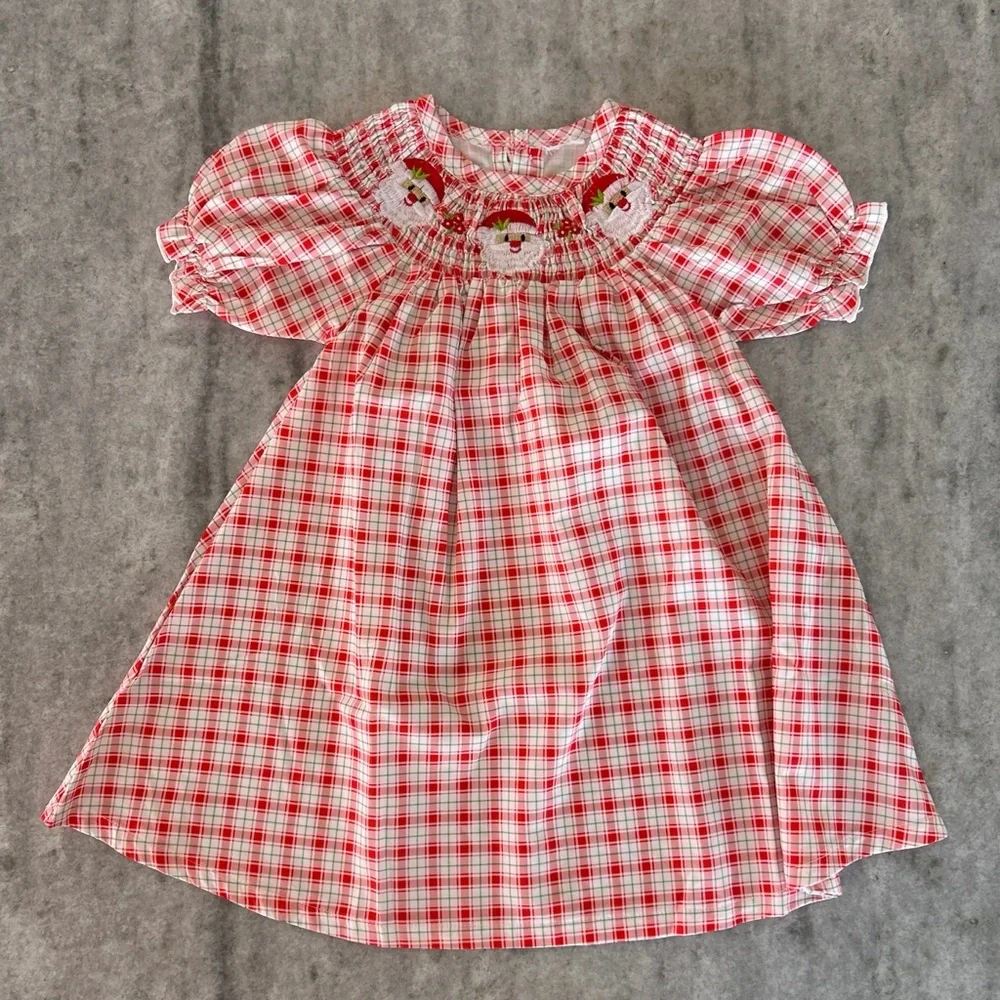Smocked Red Plaid Kids Dress with Santa Motif